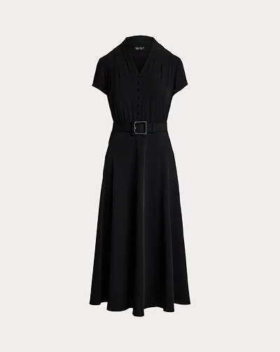 Raffia-Buckle Belted Georgette Dress