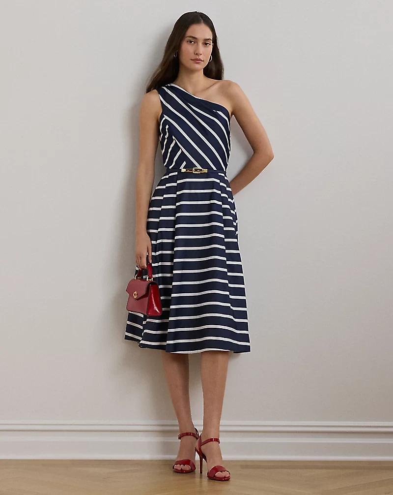 Striped Belted Taffeta Cocktail Dress