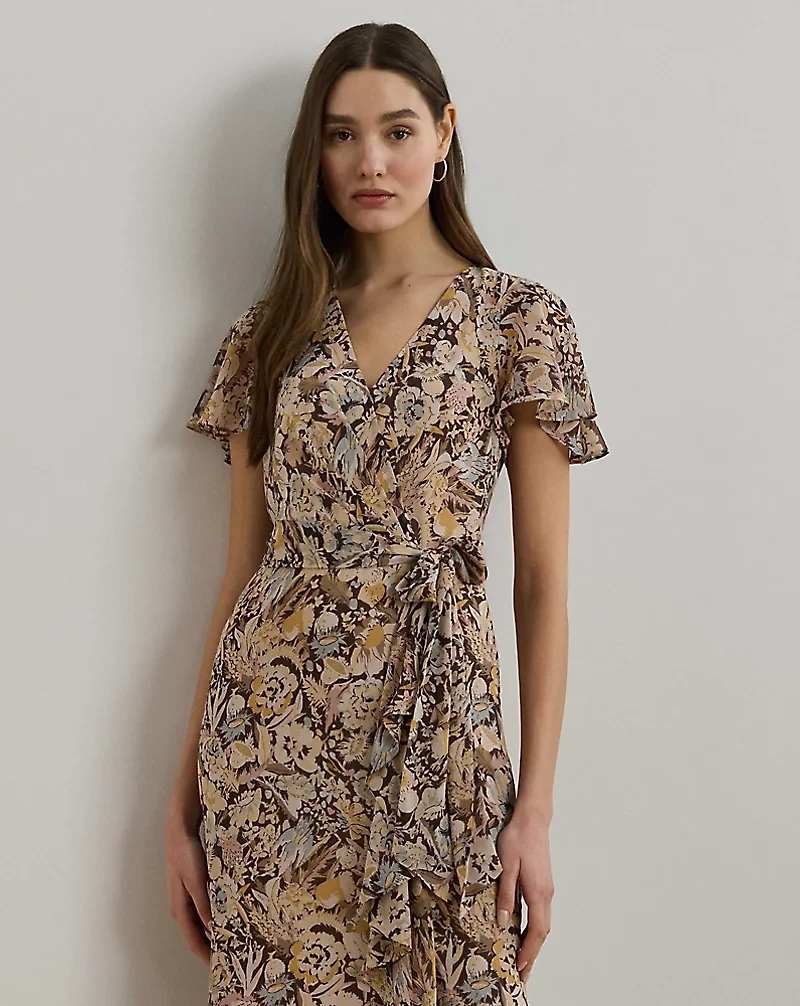 Floral Belted Flutter-Sleeve Gown