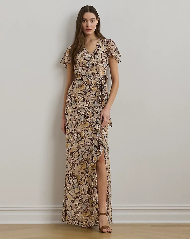 Floral Belted Flutter-Sleeve Gown
