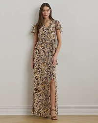 Floral Belted Flutter-Sleeve Gown