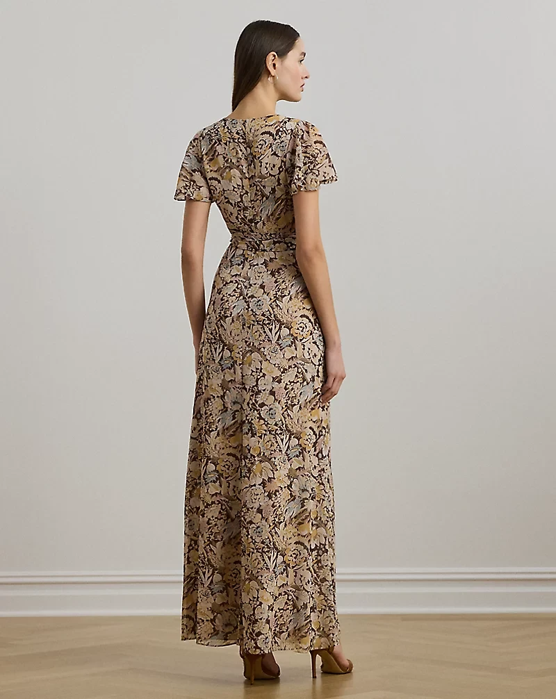 Floral Belted Flutter-Sleeve Gown
