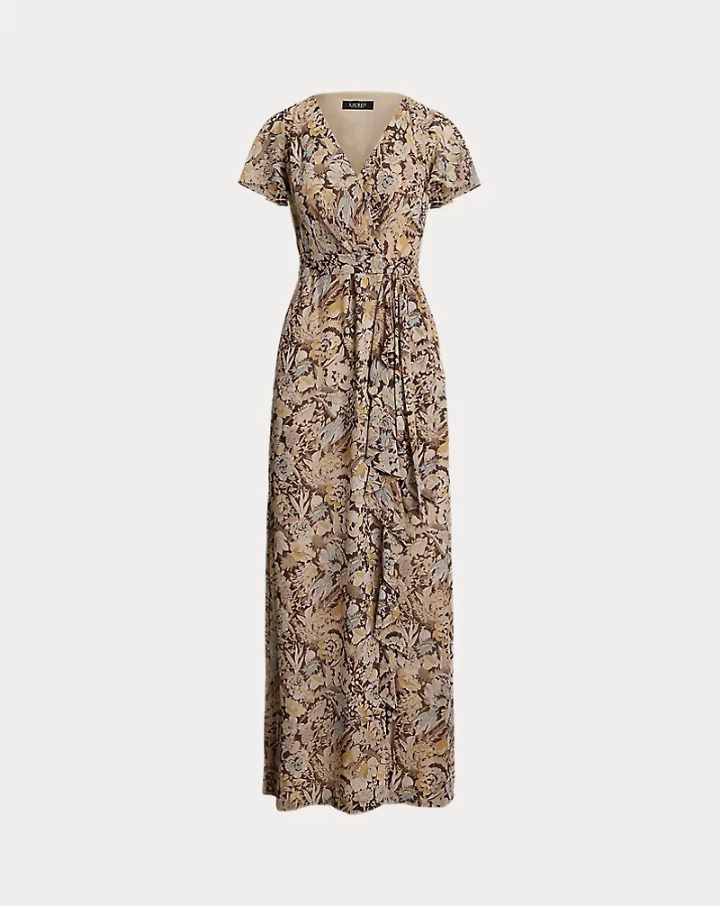 Floral Belted Flutter-Sleeve Gown