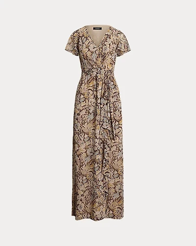Floral Belted Flutter-Sleeve Gown