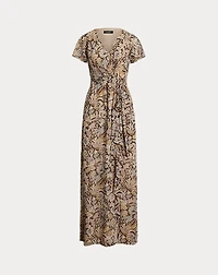Floral Belted Flutter-Sleeve Gown