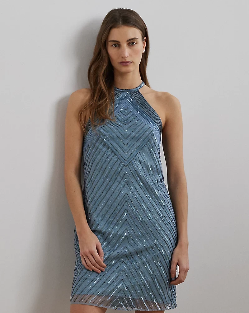Beaded Mesh Halter Cocktail Dress