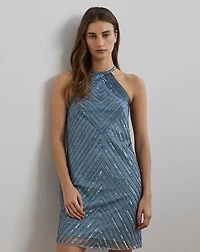 Beaded Mesh Halter Cocktail Dress
