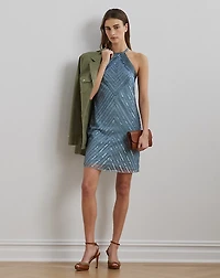 Beaded Mesh Halter Cocktail Dress