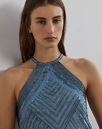 Beaded Mesh Halter Cocktail Dress