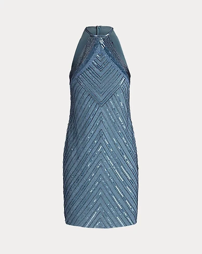 Beaded Mesh Halter Cocktail Dress
