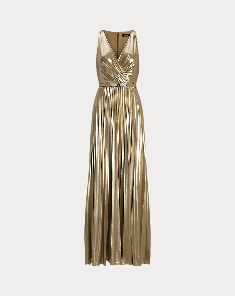 Belted Metallic Chiffon Surplice Gown