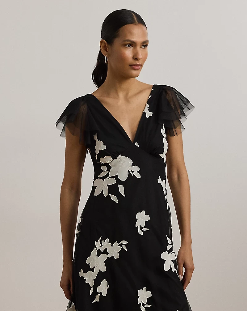 Floral-Appliqué Tulle Cocktail Dress