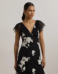 Floral-Appliqué Tulle Cocktail Dress
