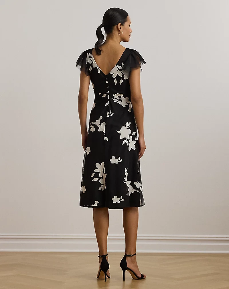Floral-Appliqué Tulle Cocktail Dress