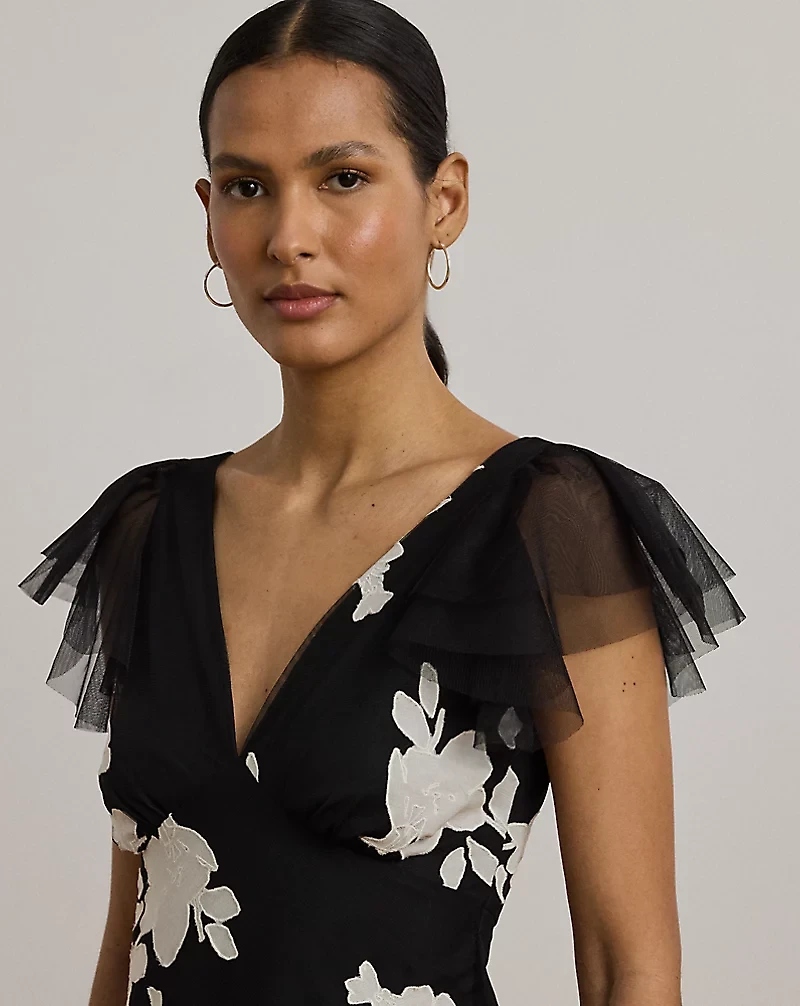 Floral-Appliqué Tulle Cocktail Dress
