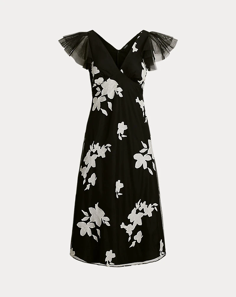 Floral-Appliqué Tulle Cocktail Dress