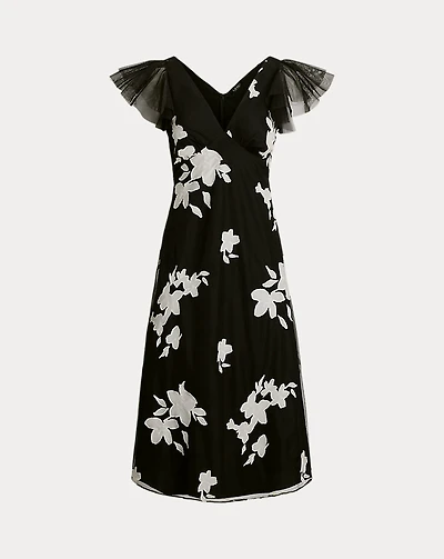 Floral-Appliqué Tulle Cocktail Dress
