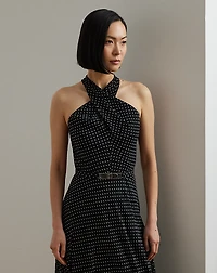 Polka-Dot Belted Georgette Halter Gown