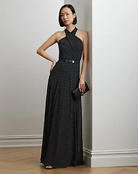 Polka-Dot Belted Georgette Halter Gown