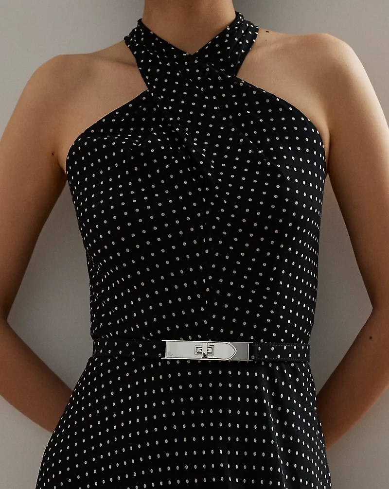 Polka-Dot Belted Georgette Halter Gown
