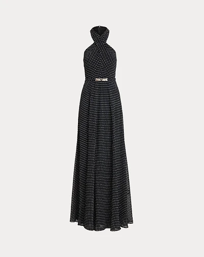 Polka-Dot Belted Georgette Halter Gown