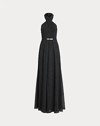 Polka-Dot Belted Georgette Halter Gown