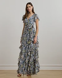 Floral Ruffle-Trim Georgette Gown