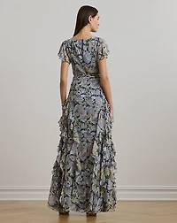 Floral Ruffle-Trim Georgette Gown