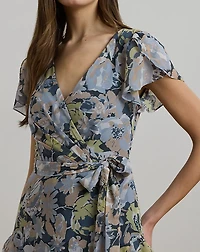 Floral Ruffle-Trim Georgette Gown