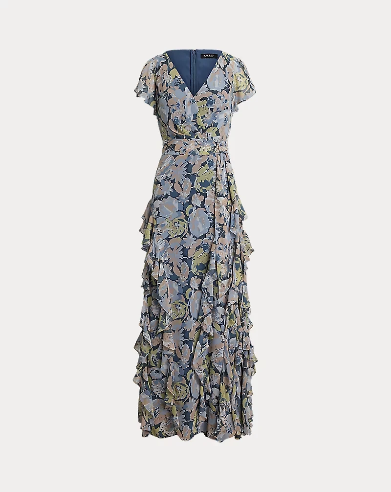Floral Ruffle-Trim Georgette Gown