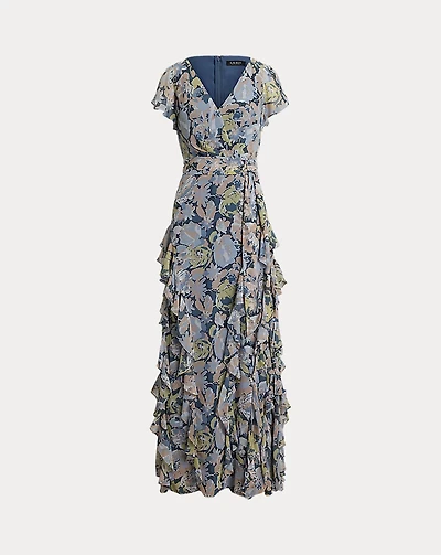 Floral Ruffle-Trim Georgette Gown