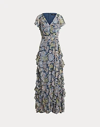 Floral Ruffle-Trim Georgette Gown
