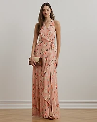 Floral Ruffle-Trim Georgette Gown