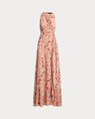 Floral Ruffle-Trim Georgette Gown