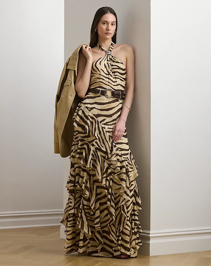 Zebra-Print Ruffle-Trim Georgette Gown
