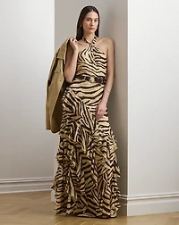 Zebra-Print Ruffle-Trim Georgette Gown