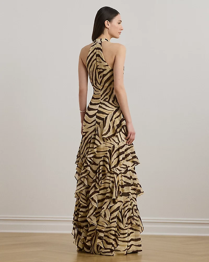 Zebra-Print Ruffle-Trim Georgette Gown