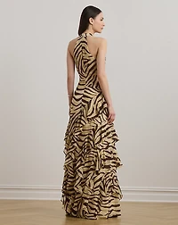 Zebra-Print Ruffle-Trim Georgette Gown