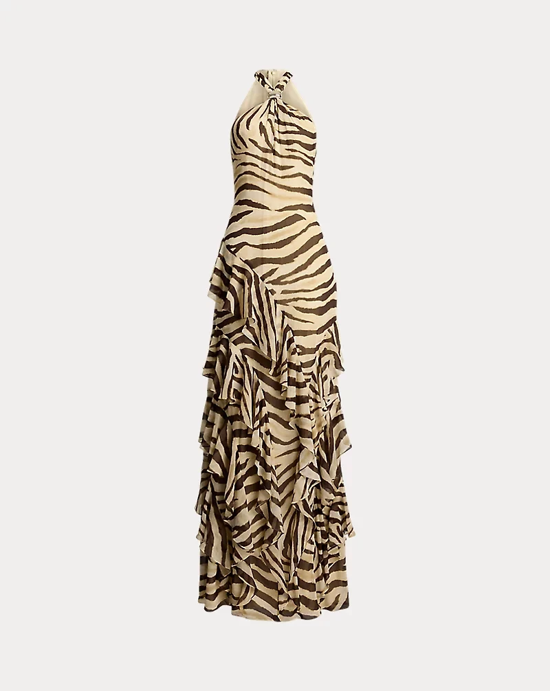 Zebra-Print Ruffle-Trim Georgette Gown