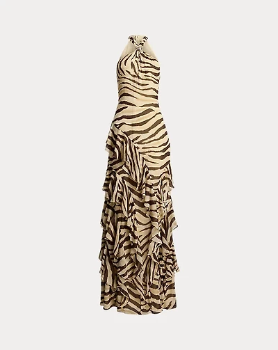 Zebra-Print Ruffle-Trim Georgette Gown