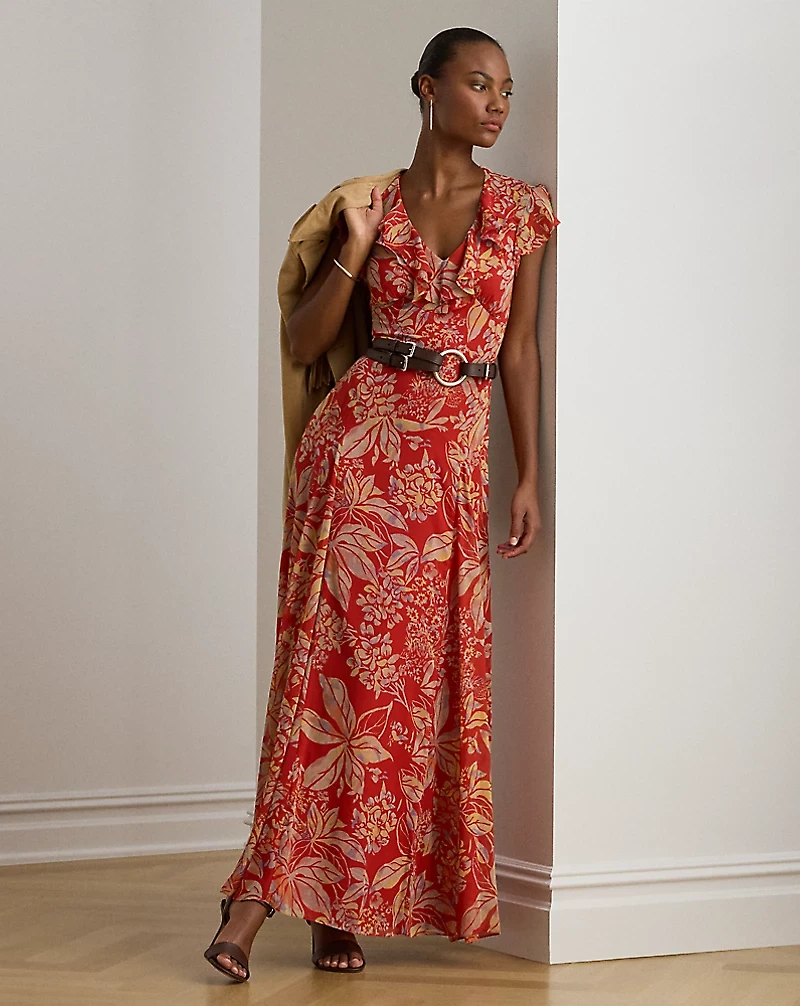 Floral Belted Crinkle Georgette Gown