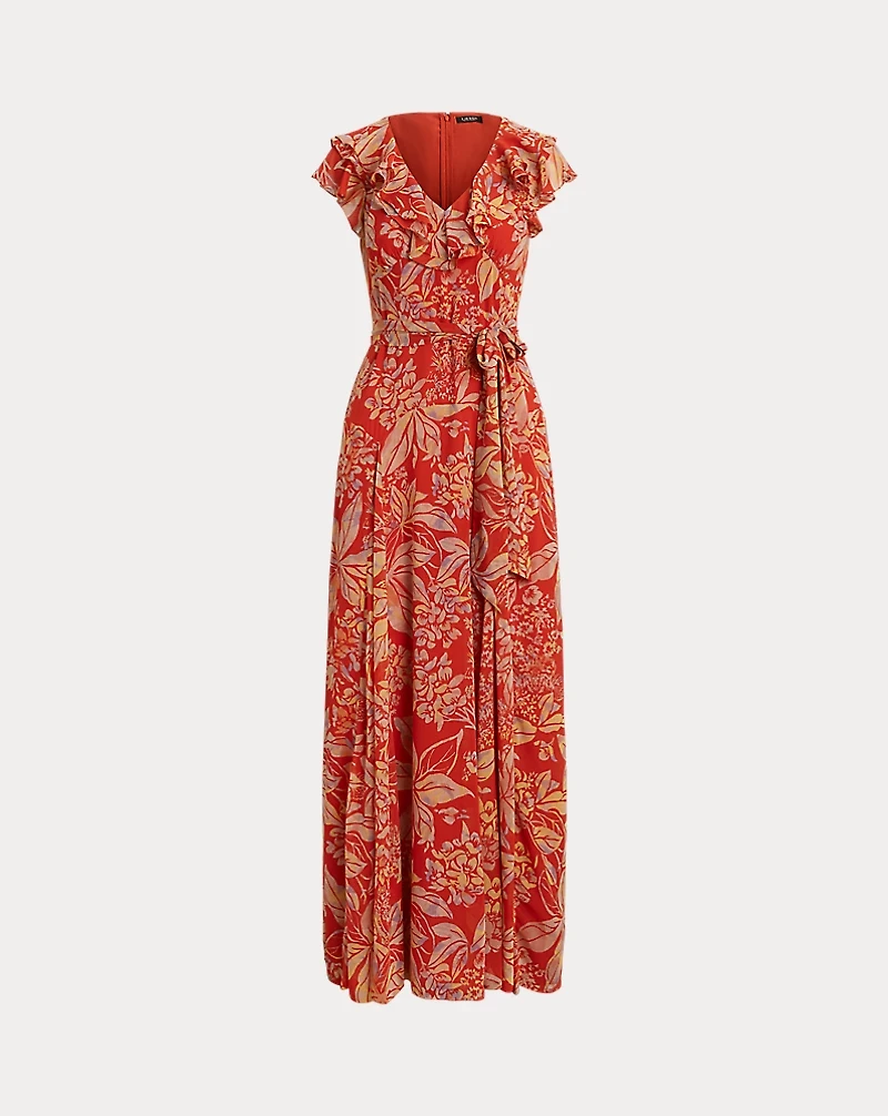Floral Belted Crinkle Georgette Gown