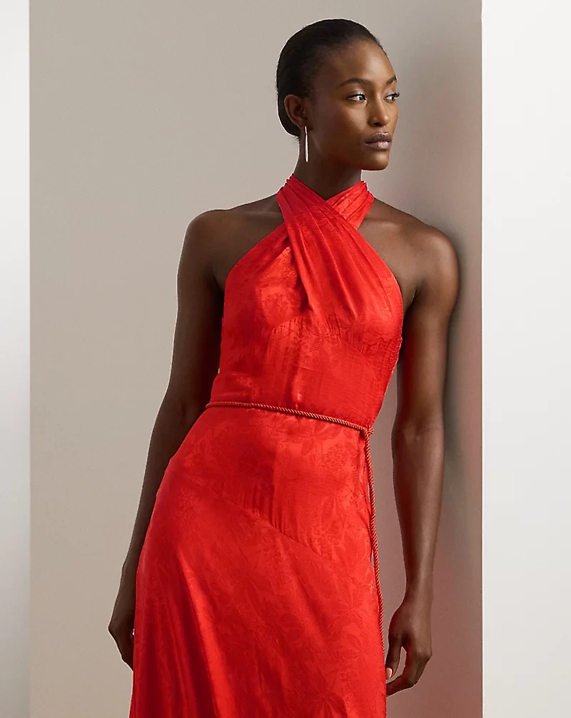 Belted Floral Jacquard Halter Gown