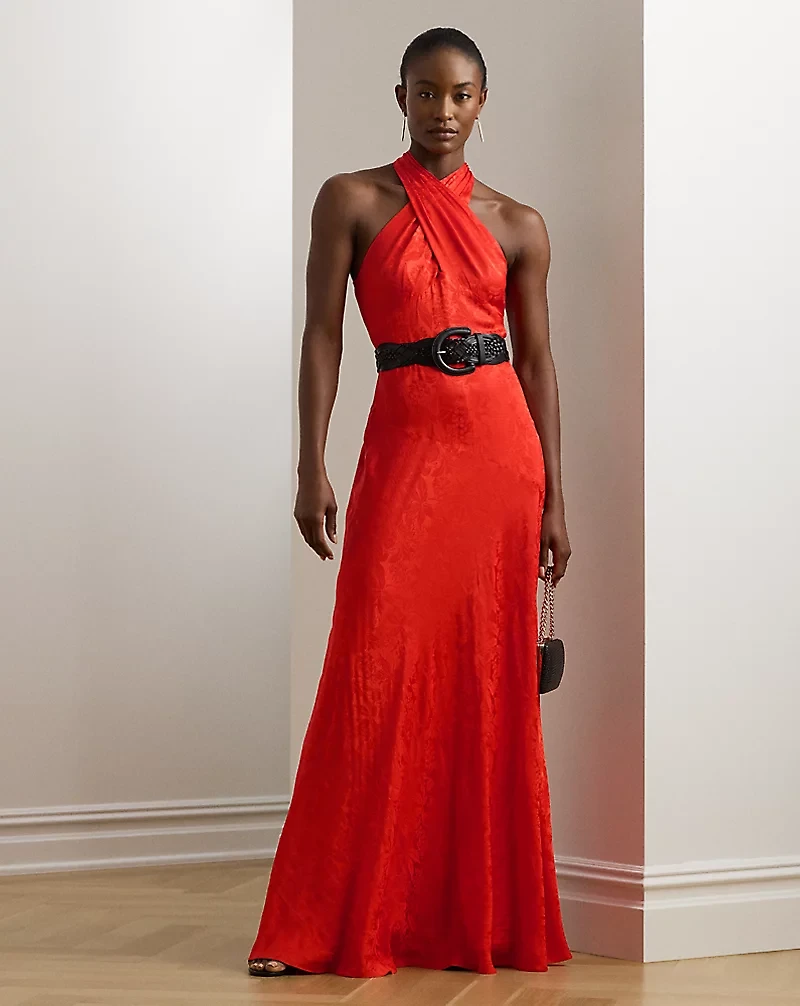 Belted Floral Jacquard Halter Gown