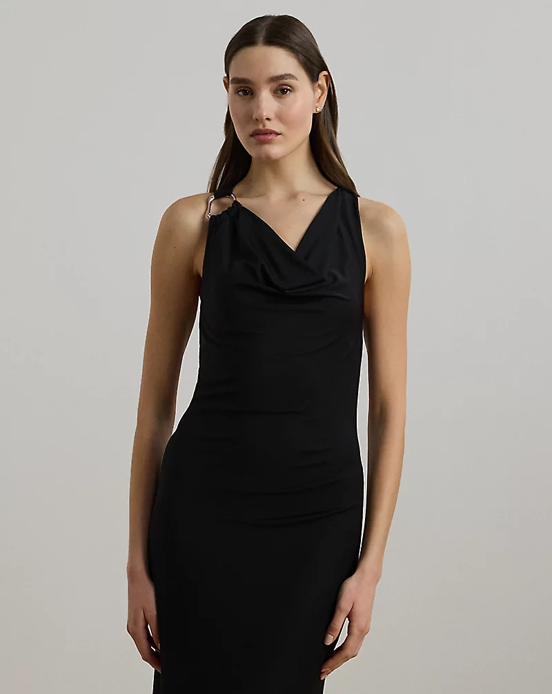 Ring-Trim Jersey Cowlneck Gown