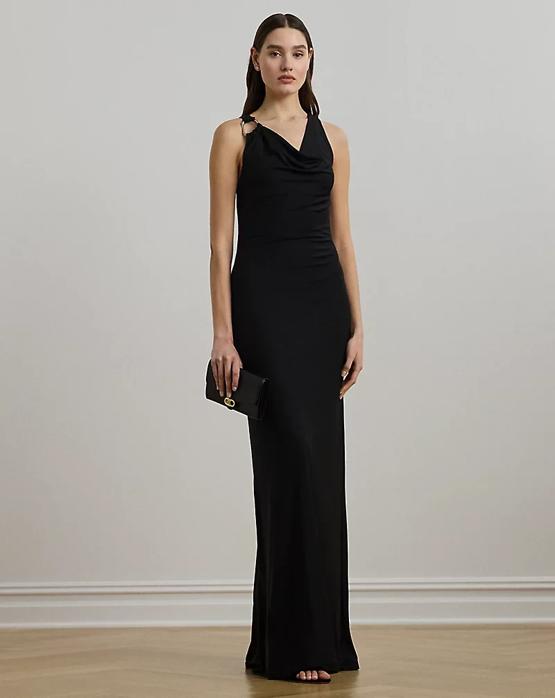 Ring-Trim Jersey Cowlneck Gown