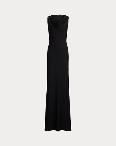 Ring-Trim Jersey Cowlneck Gown
