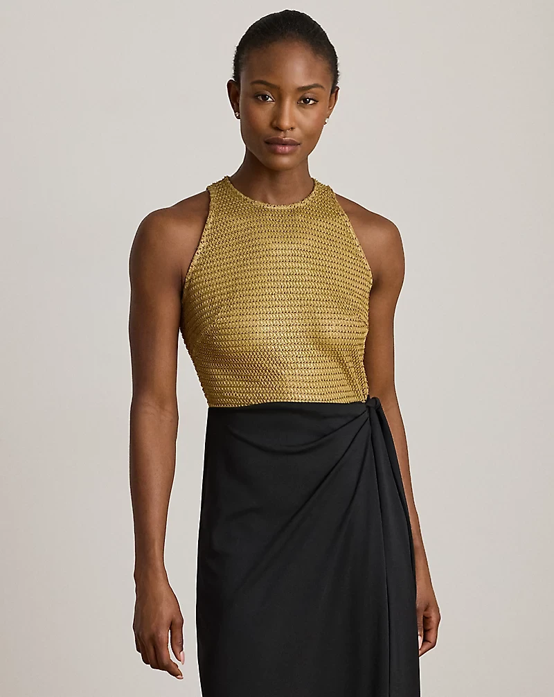 Beaded Mesh & Jersey Tie-Front Gown