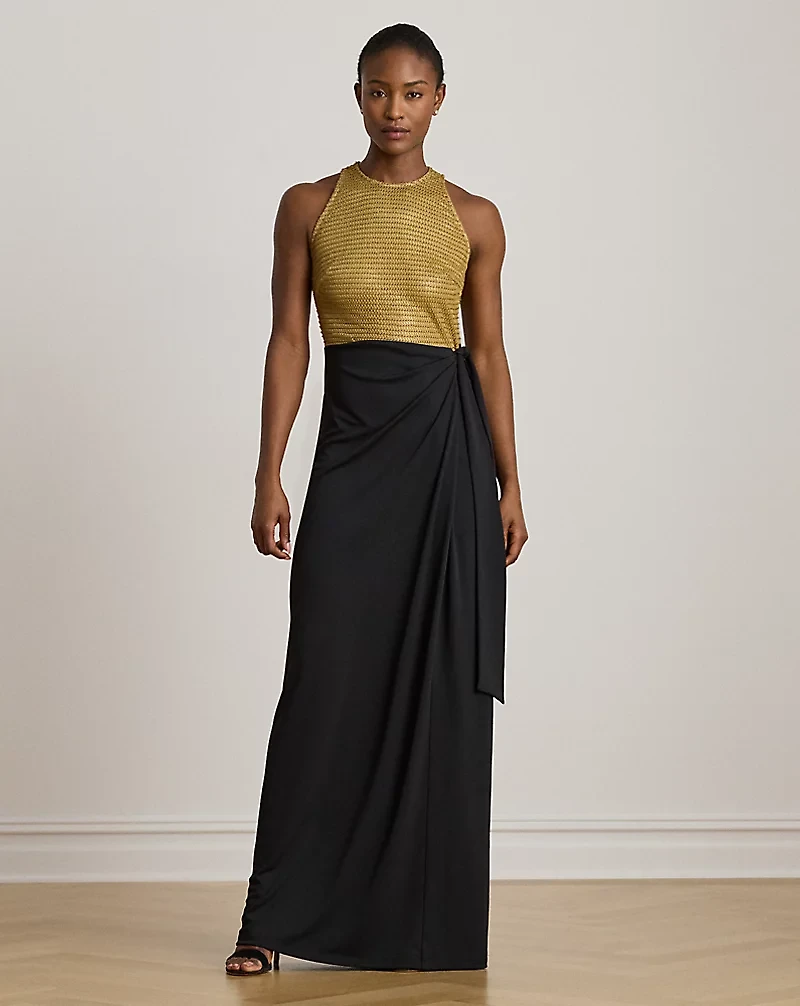 Beaded Mesh & Jersey Tie-Front Gown