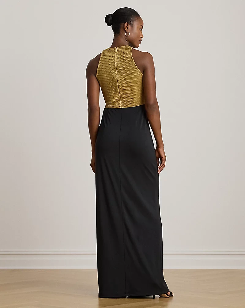 Beaded Mesh & Jersey Tie-Front Gown